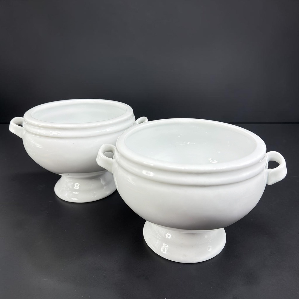 Crate & Barrel White Porcelain Footed Soup Bowls‎ with Handles Set of 2